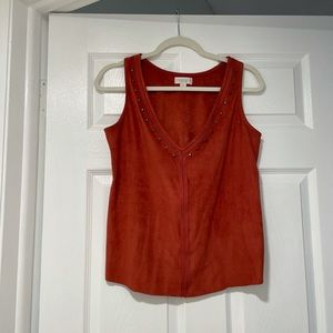 Bisou Bisou studded suede V neck women top.  Embroidery along the neck line